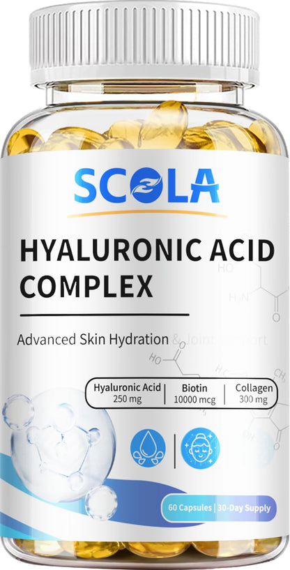 SCOLA Hyaluronic Acid Capsules - 250mg HA + 10,000mcg Biotin, 60 Vegan Capsules | Deep Hydration, Hair & Nail Support | Non-GMO Formula