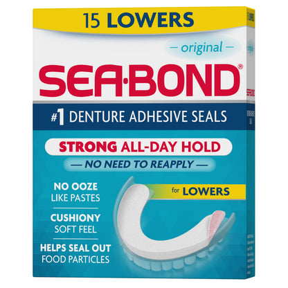 Sea Bond Secure Denture Adhesive Seals – Original Lowers, Zinc-Free, All-Day Hold
