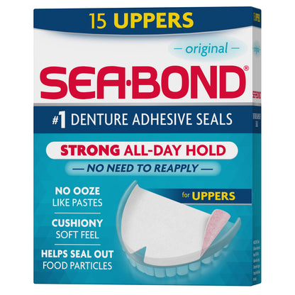 Sea Bond Secure Denture Adhesive Seals - Original Uppers, Zinc-Free, All-Day Hold (15 Count)