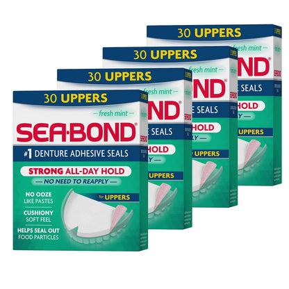 Sea-Bond Secure Denture Adhesive Seals – Fresh Mint, Zinc-Free, All-Day Hold (30 Count, Pack of 4)