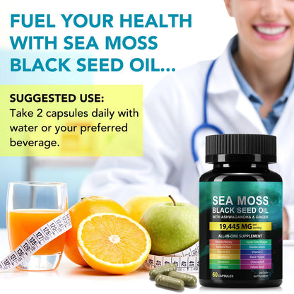 Sea Moss Black Seed Oil Capsule – Ashwagandha & Ginger | Immunity & Energy | 60 Count