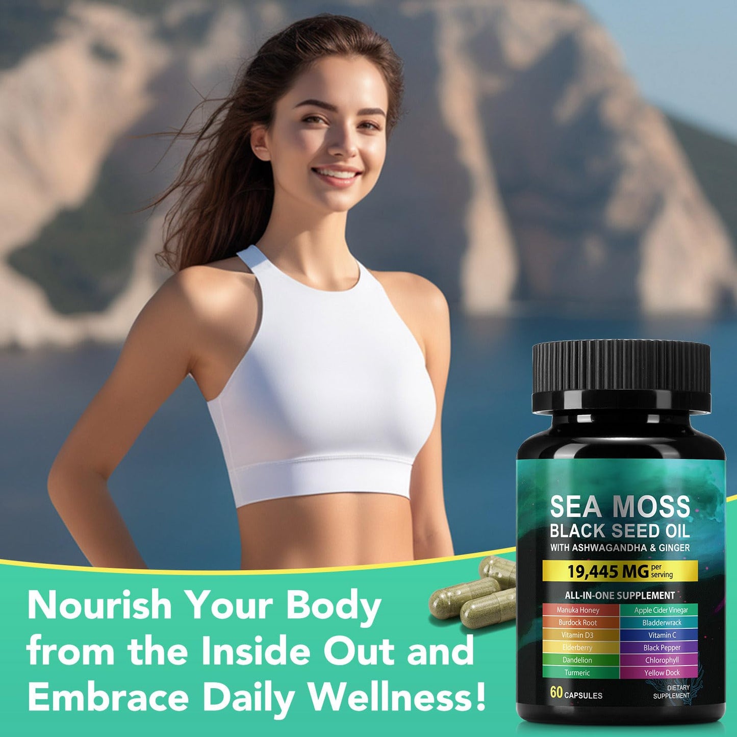 Sea Moss Black Seed Oil Capsule – Ashwagandha & Ginger | Immunity & Energy | 60 Count
