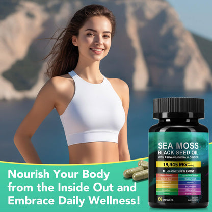 Sea Moss Black Seed Oil Capsule – Ashwagandha & Ginger | Immunity & Energy | 60 Count