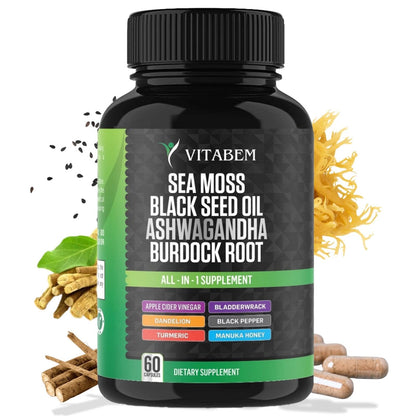 Sea Moss Black Seed Oil Ashwagandha Turmeric Burdock Root | All-in-One Sea Moss Capsules - 60 Count
