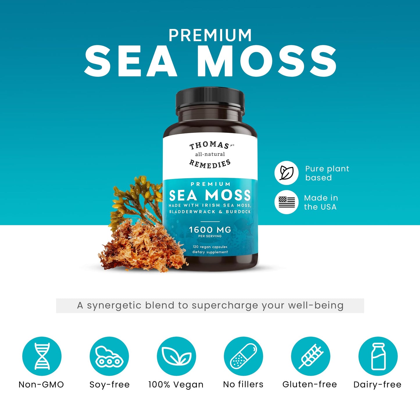 Thomas' All-Natural Irish Sea Moss Capsules with Bladderwrack & Burdock Root – Organic Sea Moss Pills (120)