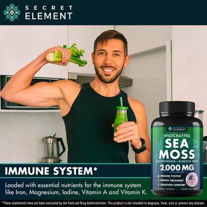 Secret Element Sea Moss Capsules – Irish Sea Moss with Burdock Root, Bladderwrack & Muira Puama for Immunity, Gut, and Energy (2 Pack)
