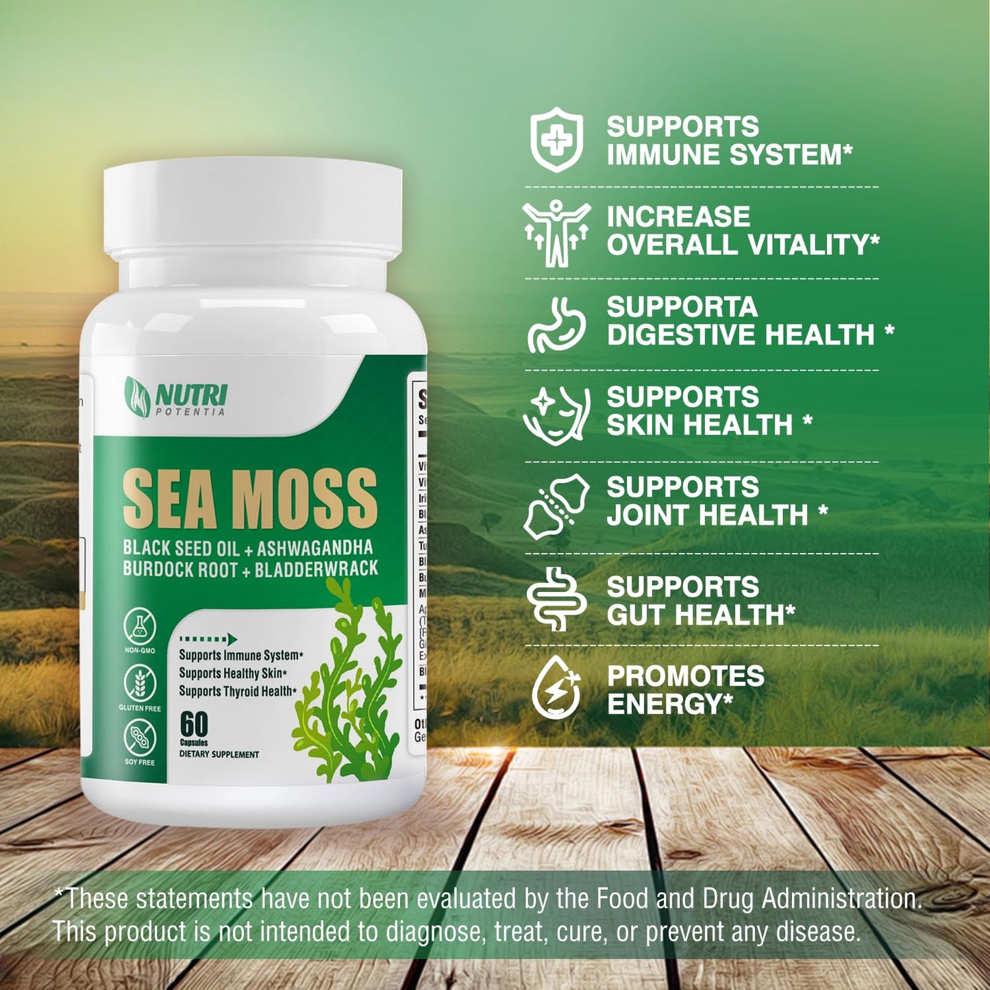 Irish Sea Moss Capsules with Black Seed Oil, Ashwagandha & Ginger – 16-in-1 Immune, Joint & Gut Support (60 Capsules)