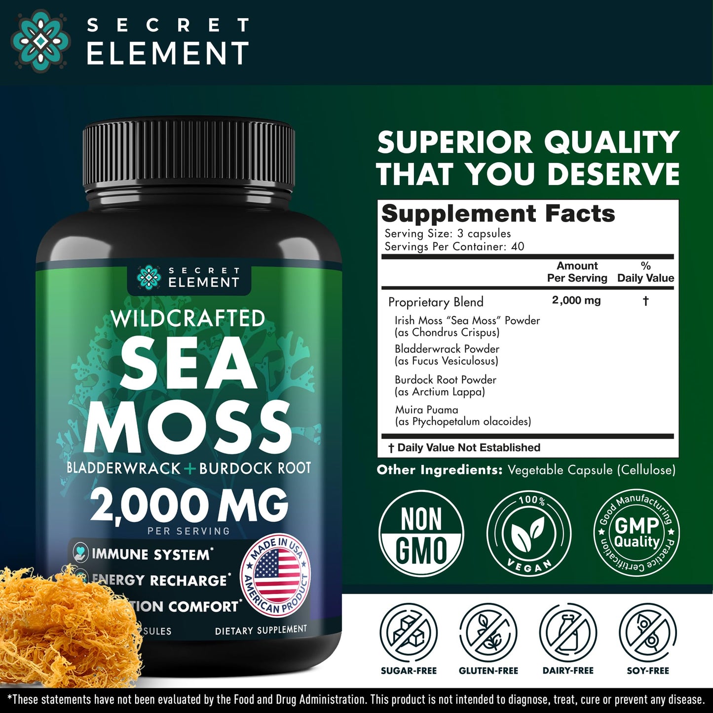 Secret Element Sea Moss Capsules – Irish Sea Moss with Burdock Root, Bladderwrack & Muira Puama for Immunity, Gut, and Energy (2 Pack)
