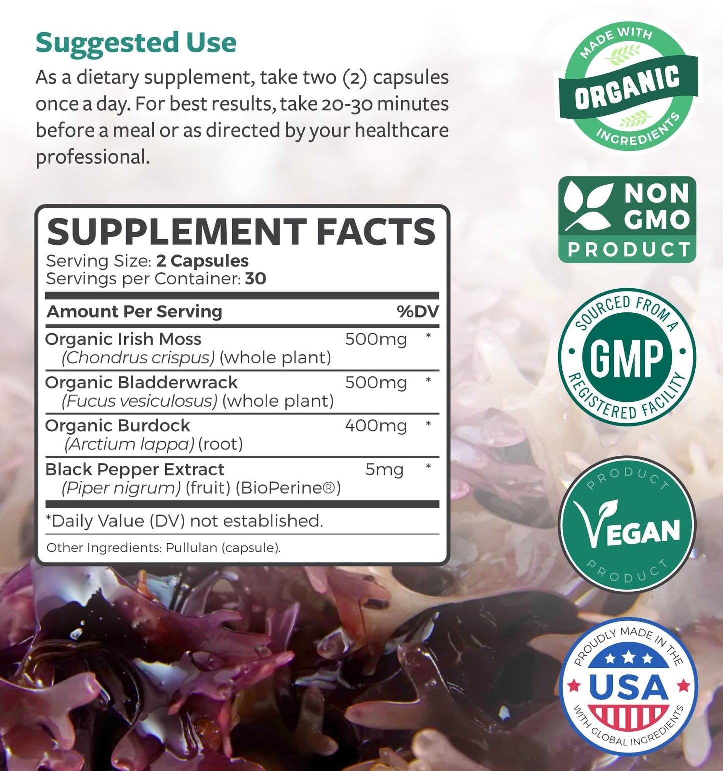 Organic Irish Sea Moss Capsules with Bladderwrack & Burdock - USA Made