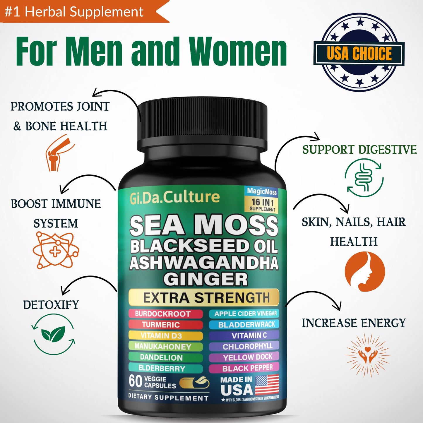Sea Moss Capsules – Organic Irish Sea Moss with Black Seed Oil, Ashwagandha, Ginger, Turmeric & More (60 Veggie Capsules) for Men & Women
