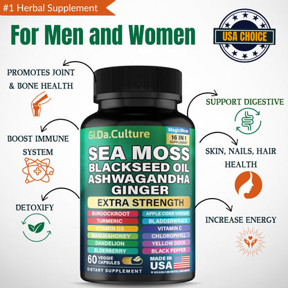 Sea Moss Capsules – Organic Irish Sea Moss with Black Seed Oil, Ashwagandha, Ginger, Turmeric & More (60 Veggie Capsules) for Men & Women