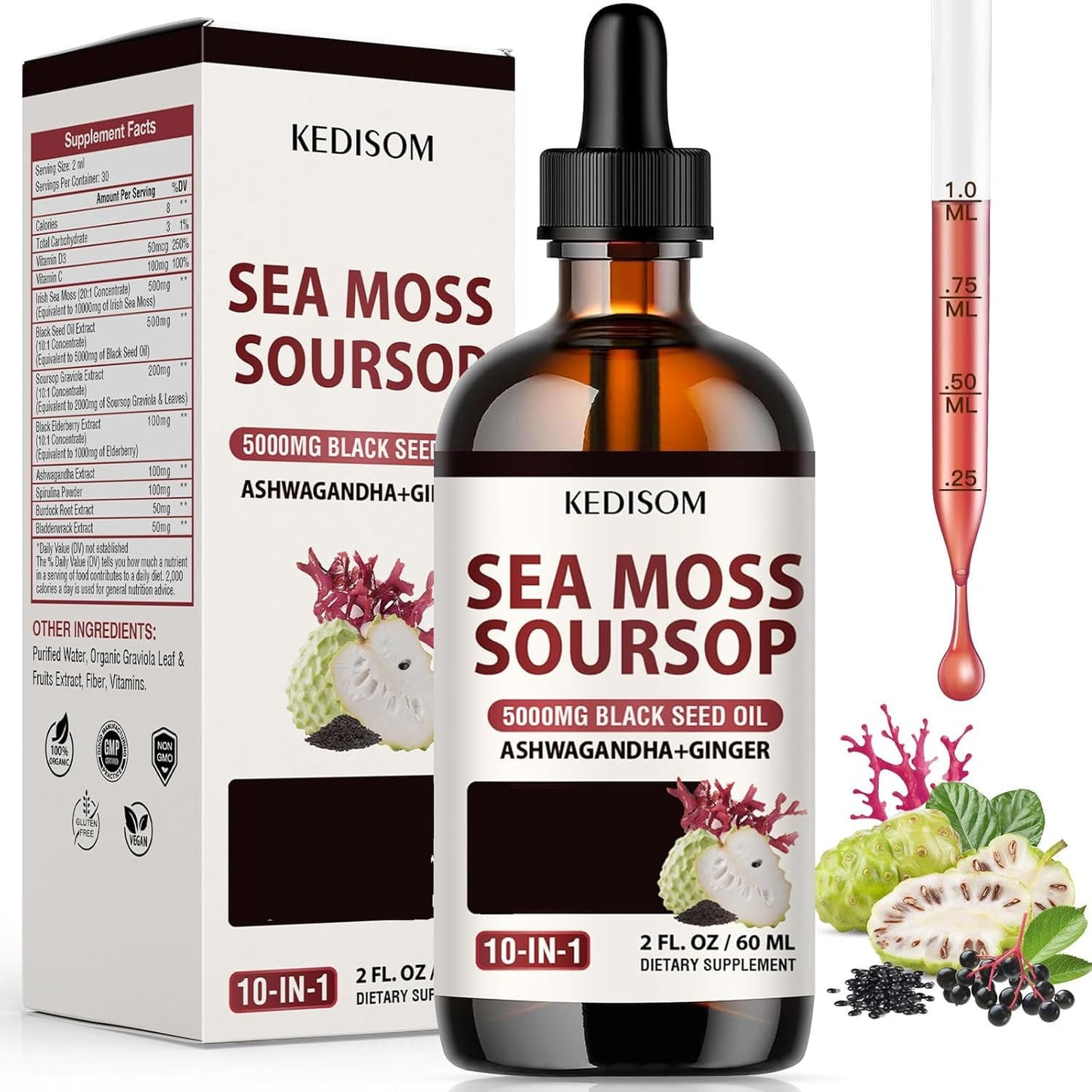 Sea Moss Liquid Drops 2 Oz – Organic Black Seed Oil + Irish Sea Moss Gel (Vegan) – 6X Stronger