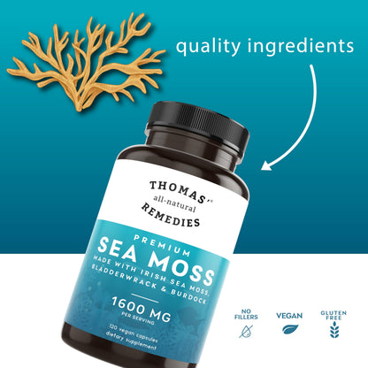 Thomas' All-Natural Irish Sea Moss Capsules with Bladderwrack & Burdock Root – Organic Sea Moss Pills (120)