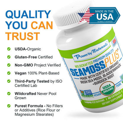 Power By Naturals Sea Moss Plus – Organic Irish Sea Moss with Bladderwrack & Burdock Root, 60 Capsules, 2 Pack
