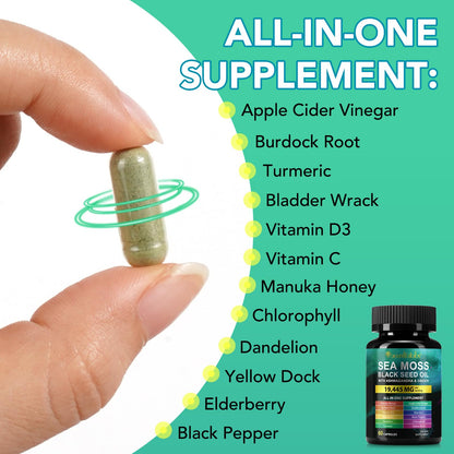 Sea Moss Black Seed Oil Ashwagandha Turmeric Capsules - Immunity & Energy Support, 60 Count