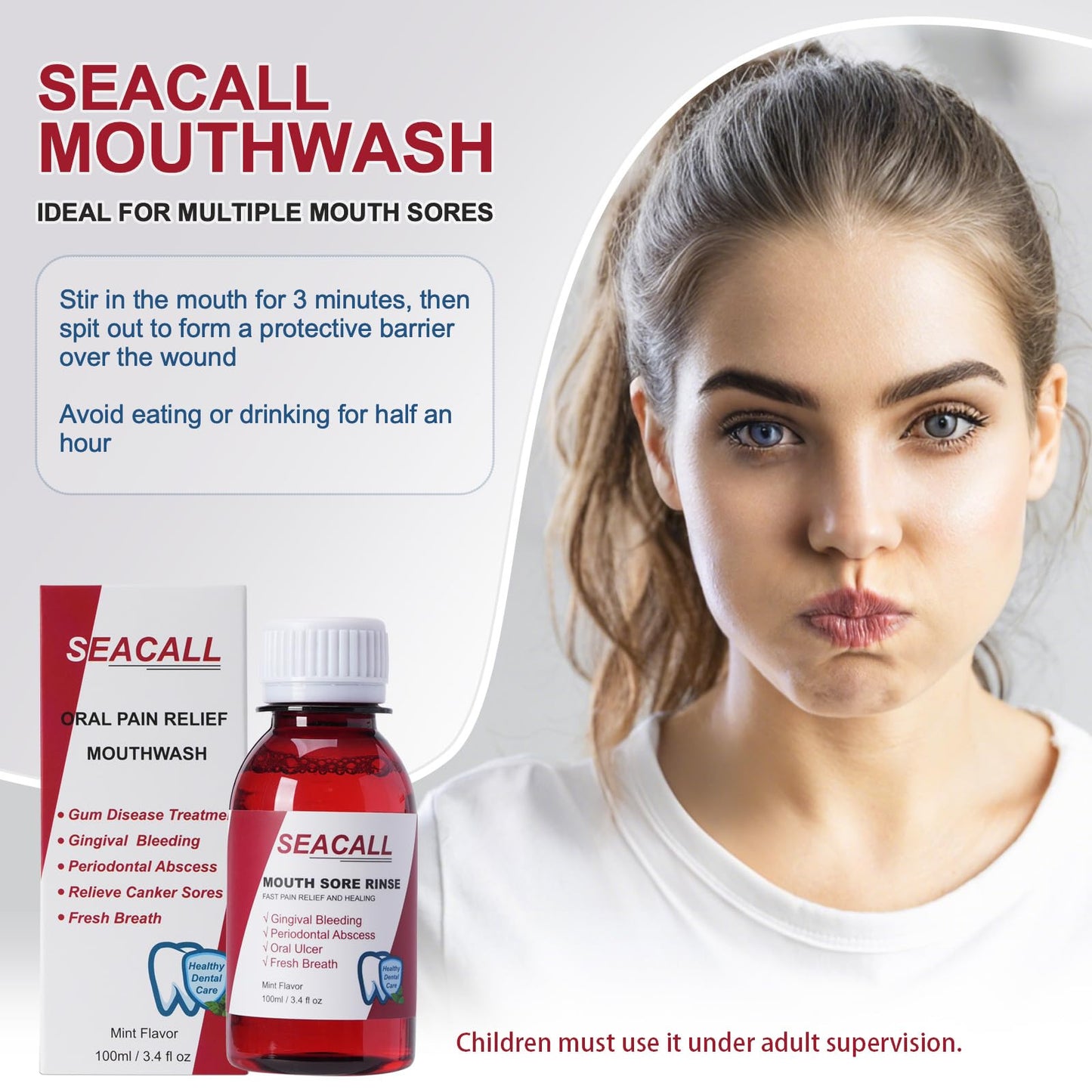 SEACALL Oral Rinse Mouthwash – Fresh Mint 100ml | Soothes Canker Sores & Bleeding Gums