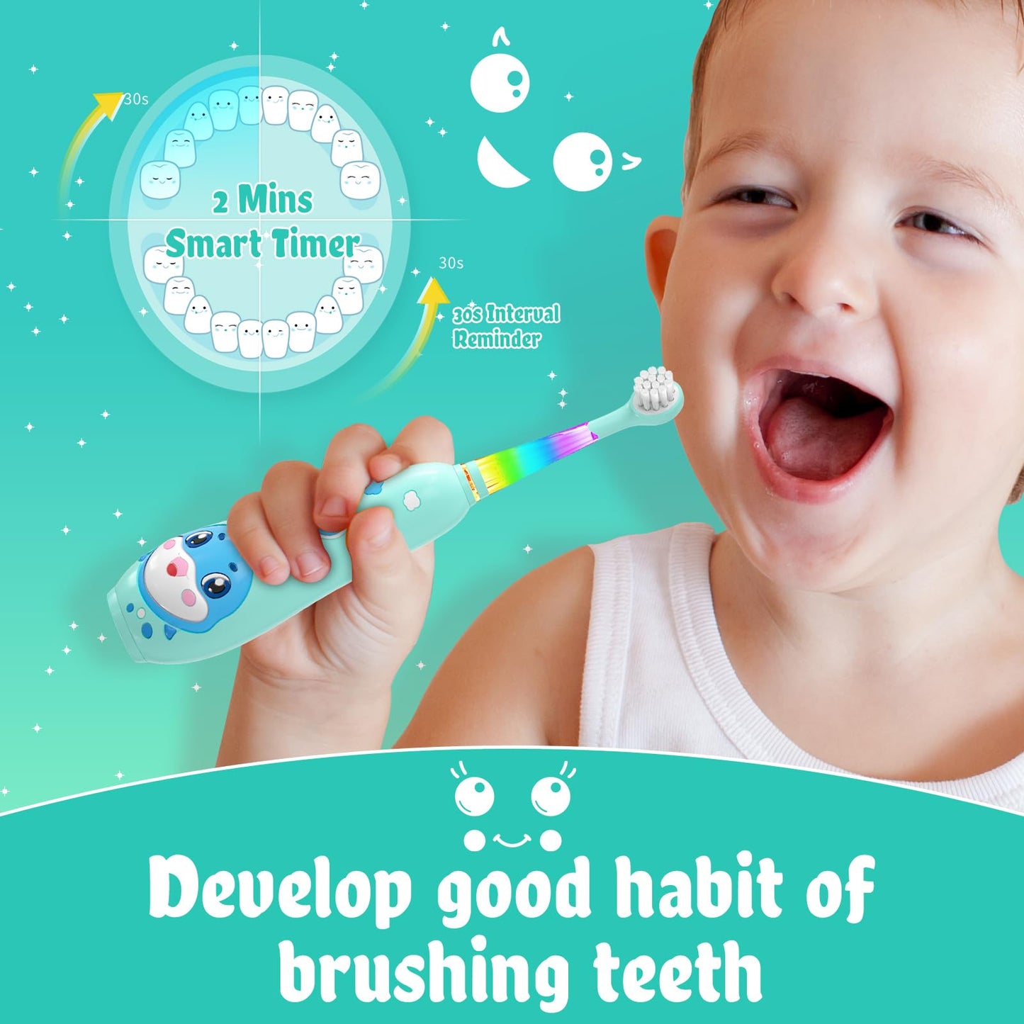 SEAGO Kids Electric Toothbrushes – Rechargeable Toddler Toothbrush (2-6), Magnetic Charging, LED Light, 8 Heads, Blue