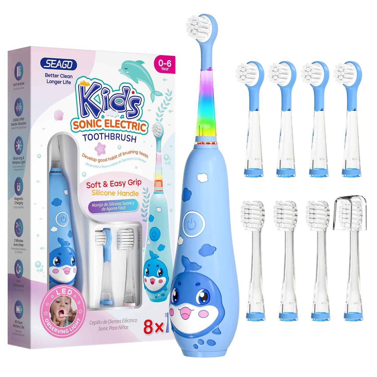 SEAGO Kids Electric Toothbrushes – Rechargeable Toddler Toothbrush, 8 Heads, Ages 2-6