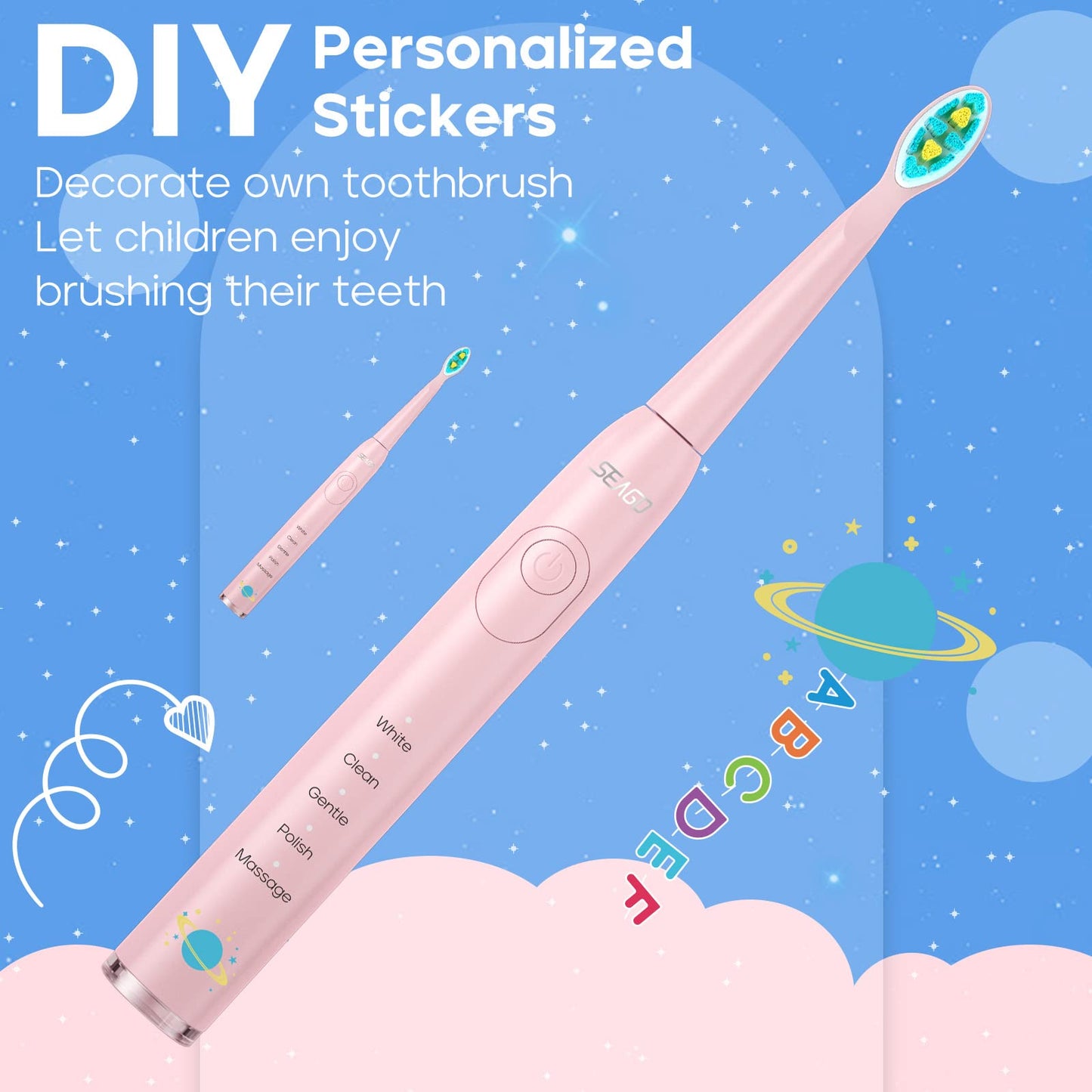 SEAGO Kids Electric Toothbrush - 5 Modes, DIY Stickers, 4 Heads (Ages 3-12) Pink