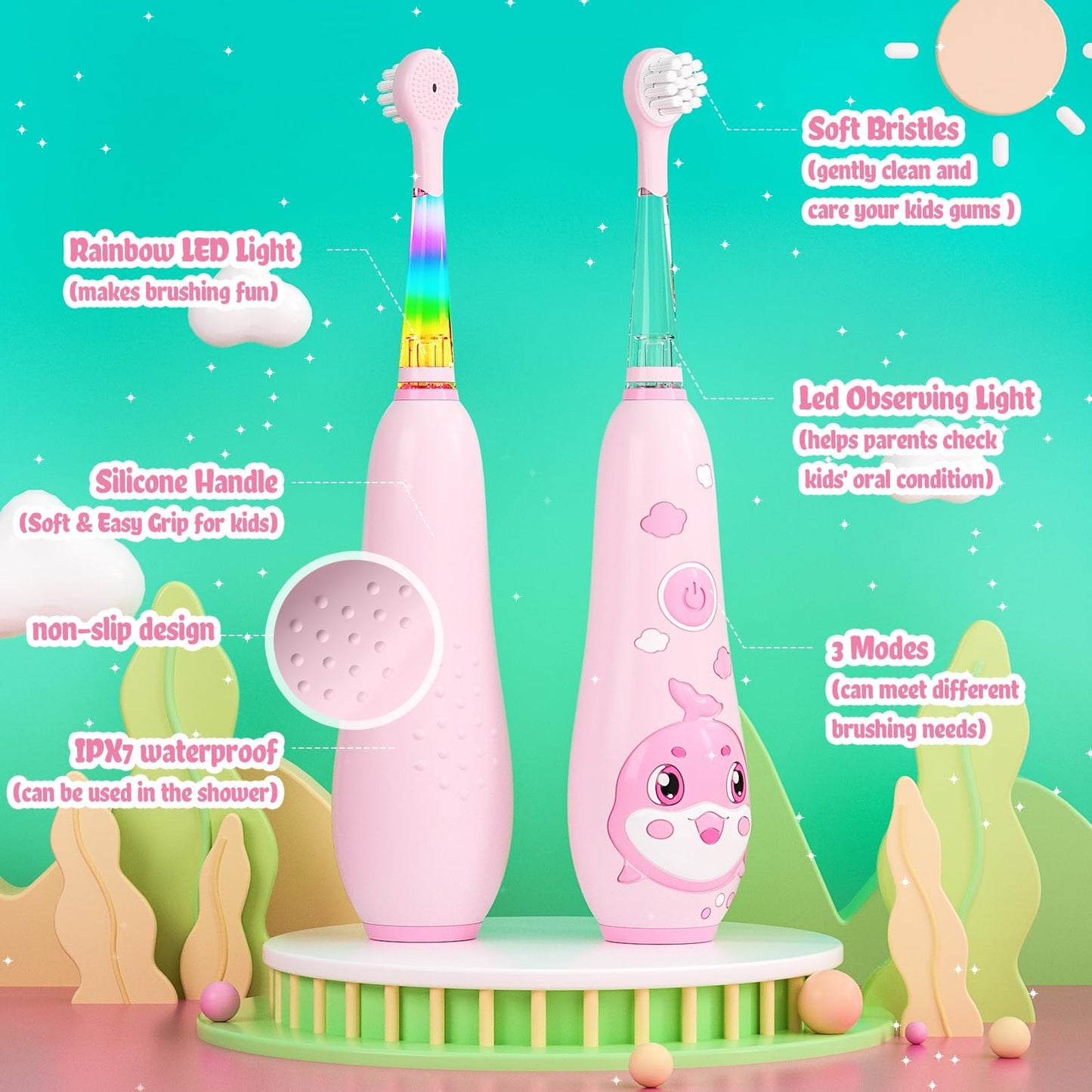 SEAGO Kids Electric Toothbrush Pink – Rechargeable Toddler Toothbrush with Magnetic Charging, LED Light, 8 Heads (Ages 2-6)