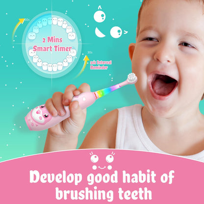 SEAGO Kids Electric Toothbrush Pink – Rechargeable Toddler Toothbrush with Magnetic Charging, LED Light, 8 Heads (Ages 2-6)