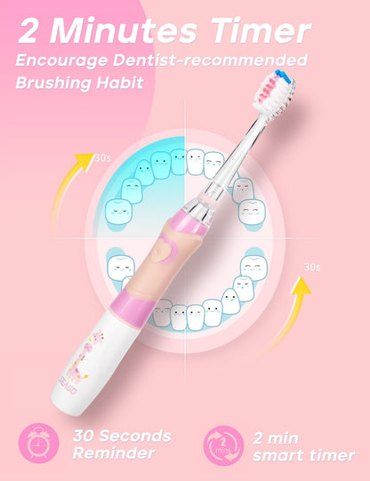 SEAGO Kids Electric Toothbrush - 2-Min Timer, 8 Replacement Heads, Pink, 4-12 yrs