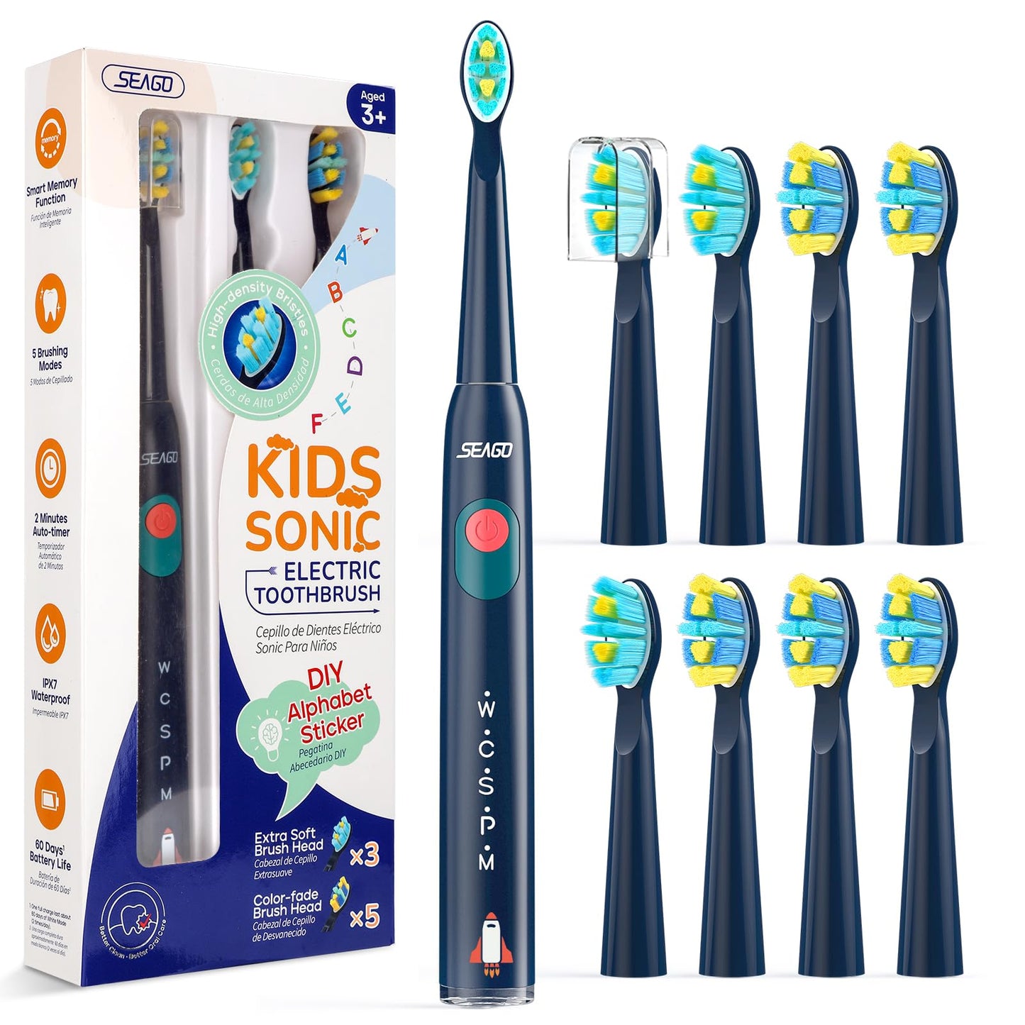 SEAGO Kids Electric Toothbrush SG2303 Navy – 8 Brush Heads, 5 Modes, 2-Minute Timer