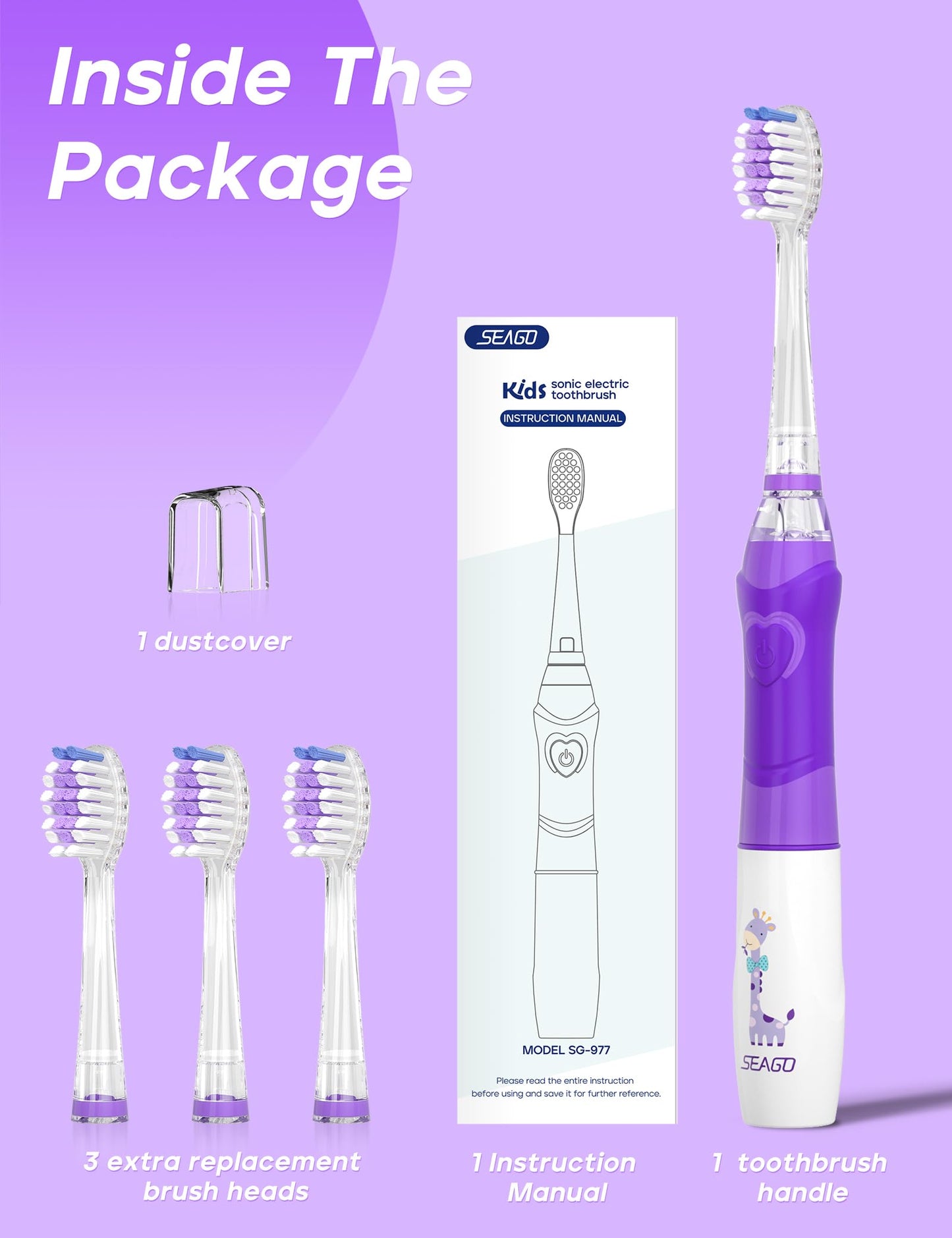 SEAGO Kids Electric Toothbrush SG-977 – 2-Min Timer, 4 Replacement Heads, Purple (4–12 yrs)