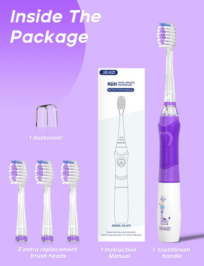 SEAGO Kids Electric Toothbrush SG-977 – 2-Min Timer, 4 Replacement Heads, Purple (4–12 yrs)
