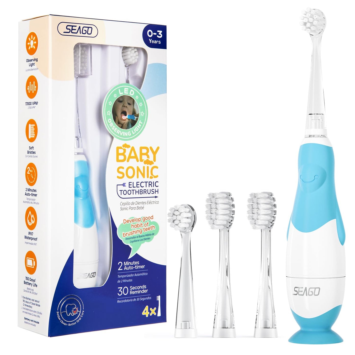 SEAGO SG-513 Toddler Electric Toothbrush 0-3 Years, Blue-C, 4 Heads