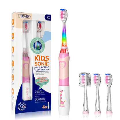 SEAGO SG-977 Kids Electric Toothbrush – 2-Min Timer, 4 Replacement Heads, Pink