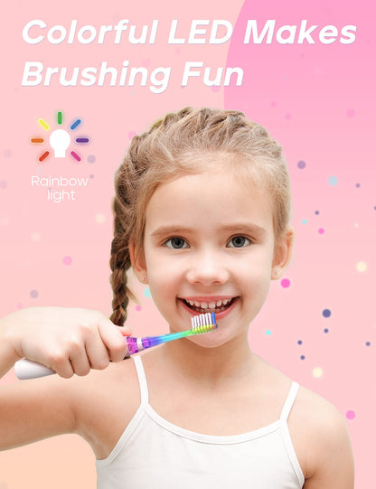 SEAGO SG-977 Kids Electric Toothbrush – 2-Min Timer, 4 Replacement Heads, Pink