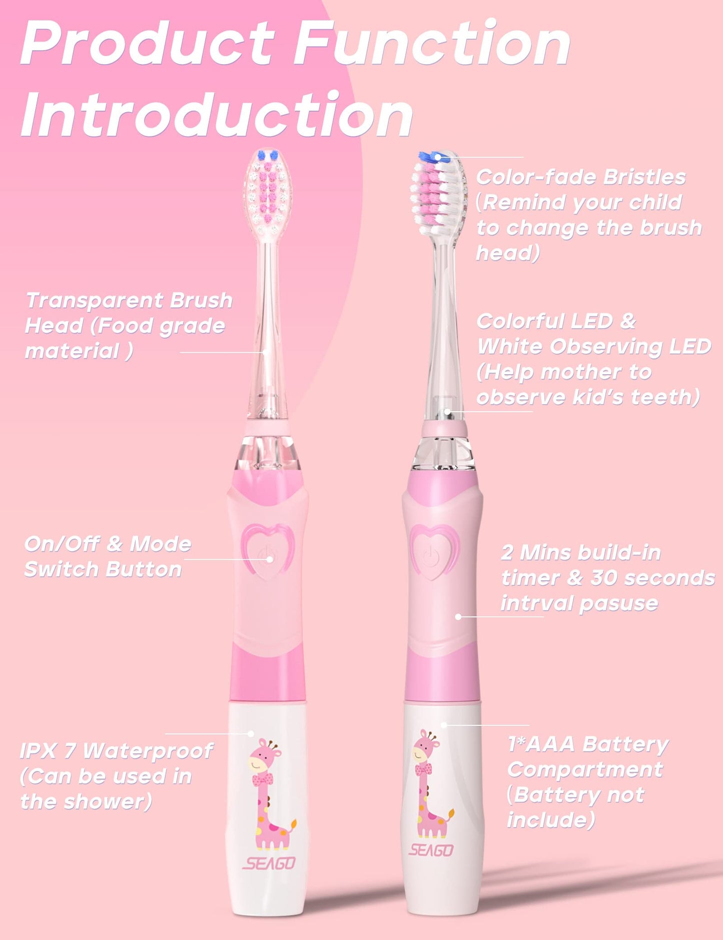 SEAGO SG-977 Kids Electric Toothbrush – 2-Min Timer, 4 Replacement Heads, Pink