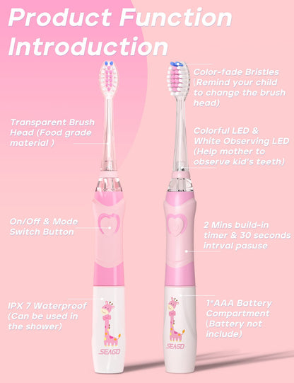 SEAGO SG-977 Kids Electric Toothbrush – 2-Min Timer, 4 Replacement Heads, Pink