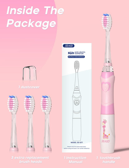 SEAGO SG-977 Kids Electric Toothbrush – 2-Min Timer, 4 Replacement Heads, Pink