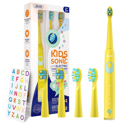SEAGO Kids Electric Toothbrush - 5 Modes, DIY Stickers, 4 Heads, Ages 3-12, Yellow