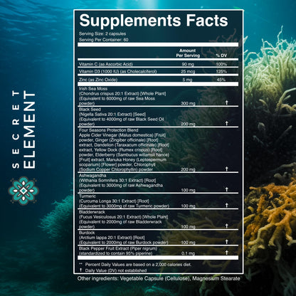 Secret Element Irish Sea Moss & Black Seed Oil Ashwagandha Ginger – All-in-One 20,000mg Capsules, 120 Count (Pack of 2)