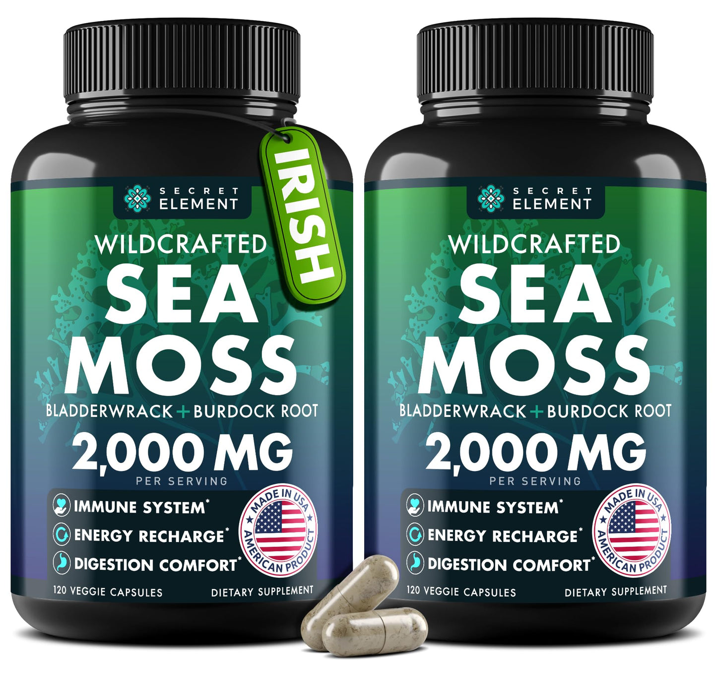 Secret Element Sea Moss Capsules – Irish Sea Moss with Burdock Root, Bladderwrack & Muira Puama for Immunity, Gut, and Energy (2 Pack)