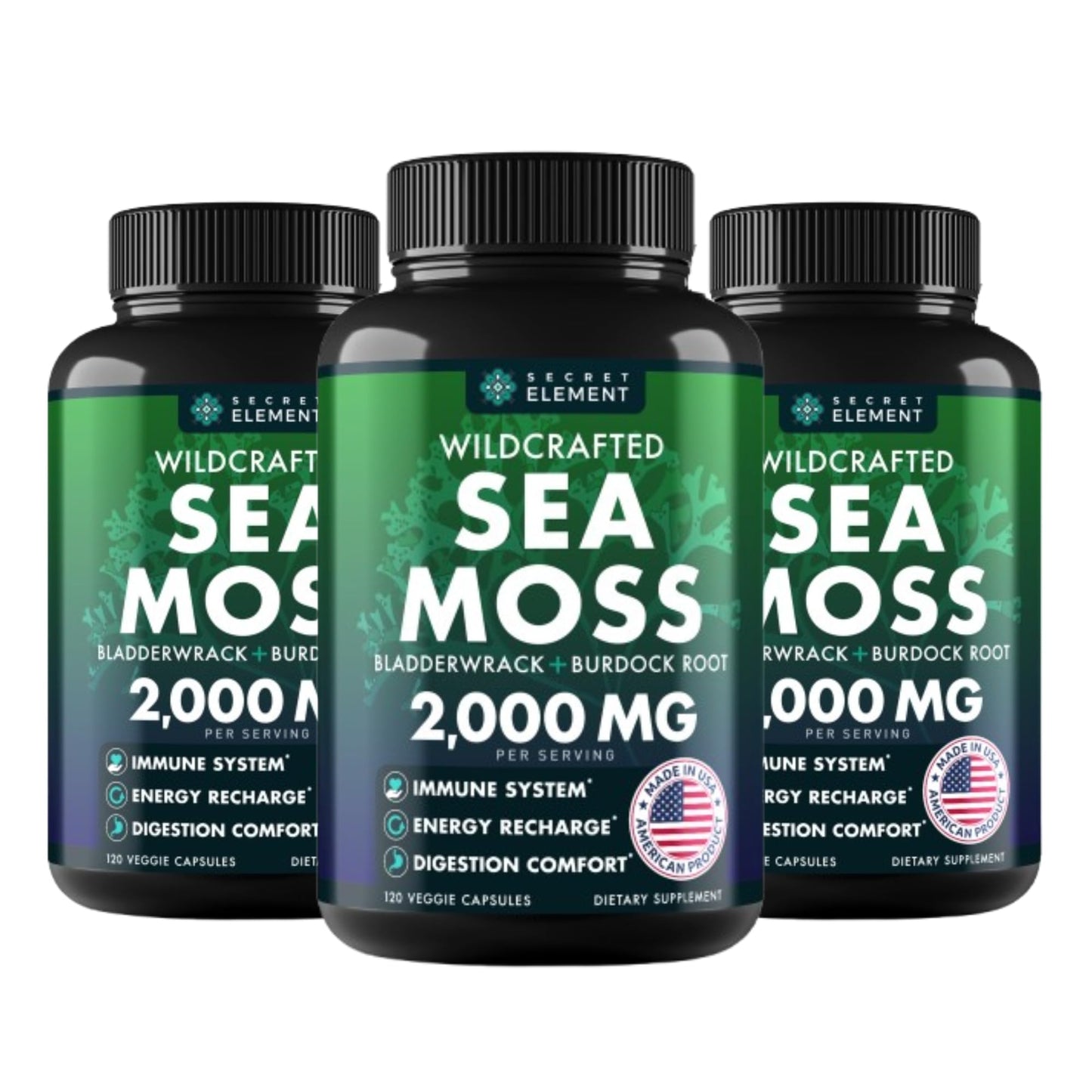 Secret Element Sea Moss Capsules – Irish Sea Moss Advanced with Burdock Root, Bladderwrack & Muira Puama – 120 Capsules (3 Pack)