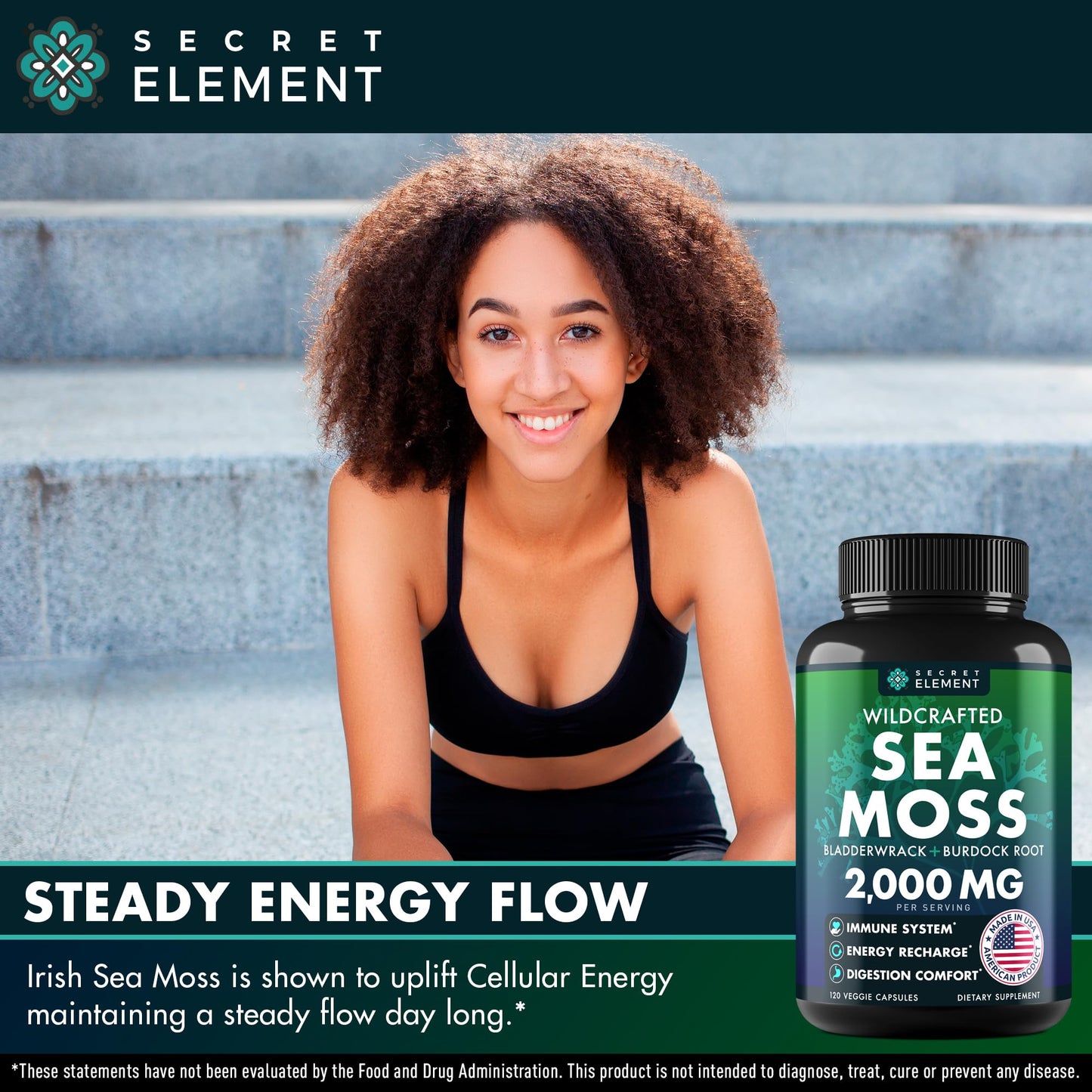 Secret Element Sea Moss Capsules – Irish Sea Moss with Burdock Root, Bladderwrack & Muira Puama for Immunity, Gut, and Energy (2 Pack)