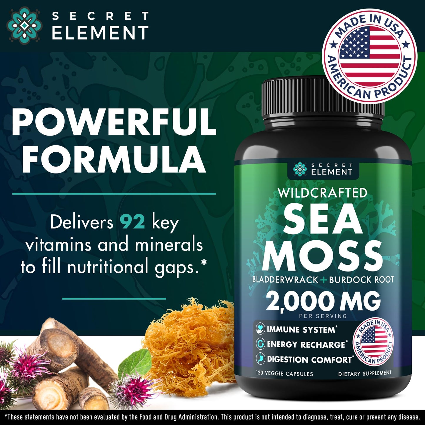 Secret Element Sea Moss Capsules – Irish Sea Moss with Burdock Root, Bladderwrack & Muira Puama for Immunity, Gut, and Energy (2 Pack)