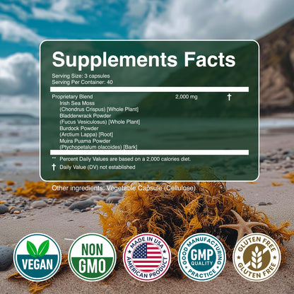 Secret Element Sea Moss Capsules – Irish Sea Moss Advanced with Burdock Root, Bladderwrack & Muira Puama – 120 Capsules (3 Pack)