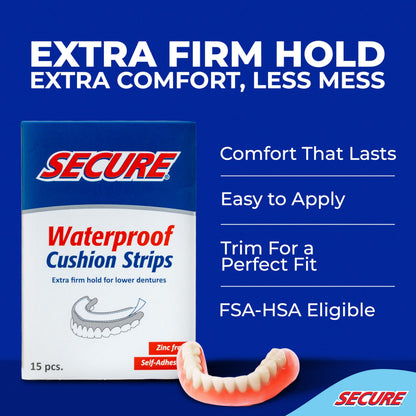 Secure Denture Adhesive Strips – Zinc-Free, Waterproof, All-Day Hold for Lower Dentures (2 Pack, 30 Strips)
