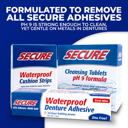 Secure Denture Adhesive Strips – Zinc Free, Waterproof, All-Day Hold – 45 Strips (3 Pack)