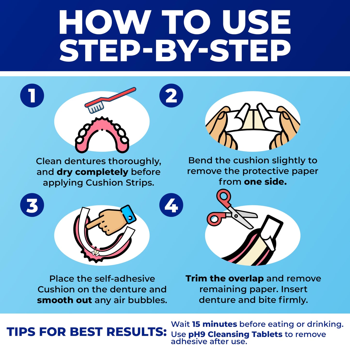 Secure Denture Adhesive Strips – Zinc-Free, Waterproof, All-Day Hold for Lower Dentures (2 Pack, 30 Strips)