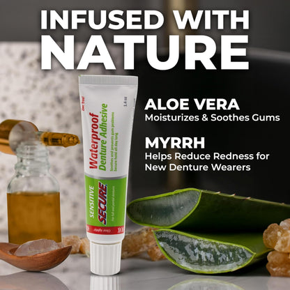 Denture Adhesive with Aloe Vera & Myrrh – 12-Hour Waterproof Hold – All Denture Types – 1.4 oz