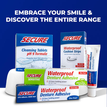 Secure Waterproof Denture Adhesive - Zinc Free, 12-Hour Hold, 1.4 oz Pack of 2