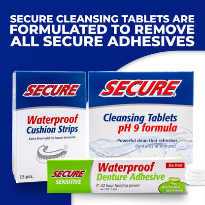 Secure Sensitive Gums Waterproof Denture Adhesive – Zinc Free with Aloe Vera & Myrrh | Extra Strong 12 Hour Hold | 1.4 oz Pack of 4