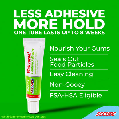 Secure Waterproof Denture Adhesive for Sensitive Gums – Zinc Free, Aloe Vera & Myrrh, 12-Hour Hold (1.4 oz)