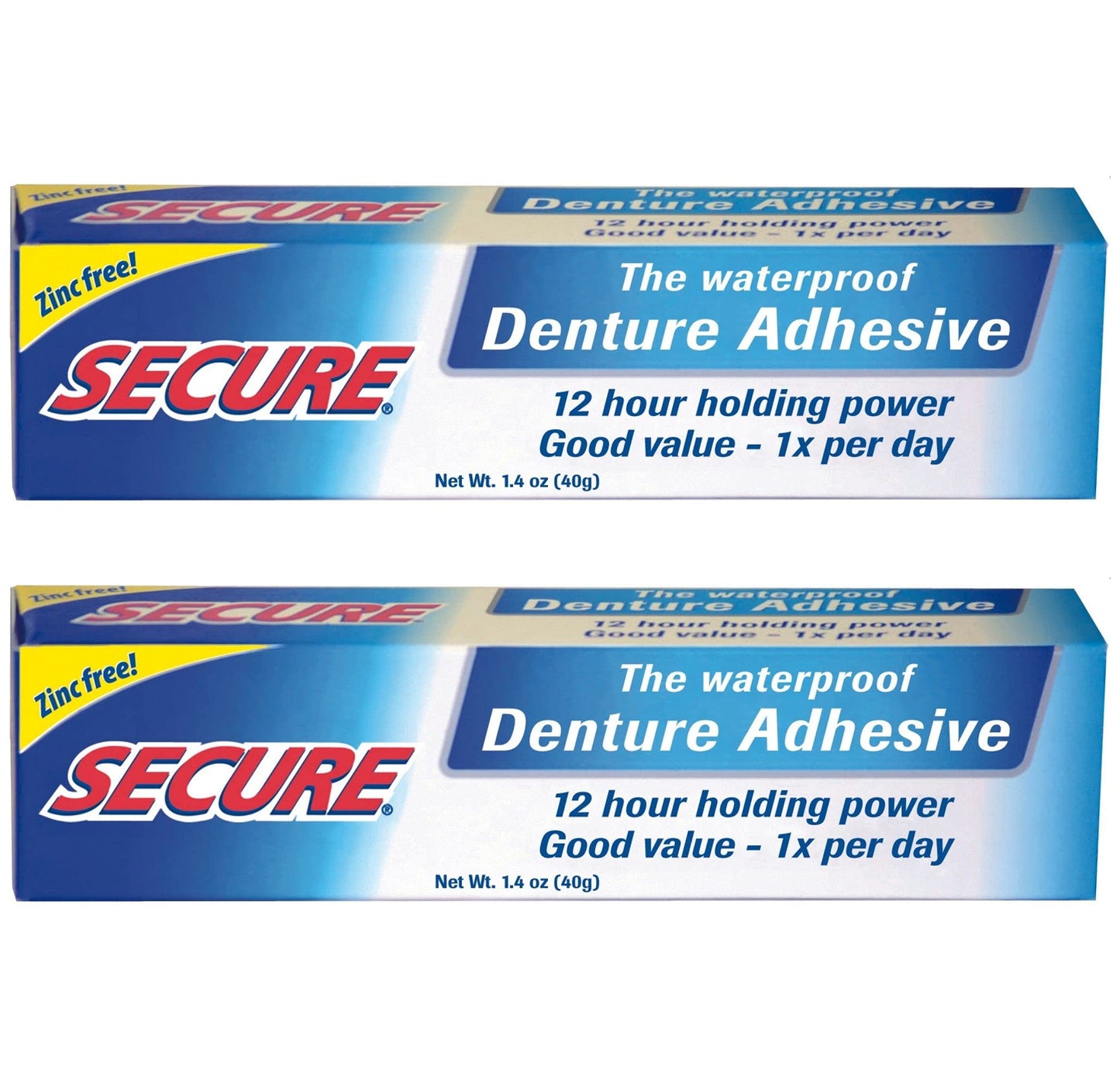 Secure Waterproof Denture Adhesive – Zinc Free, Extra Strong Hold (1.4 oz x 2)